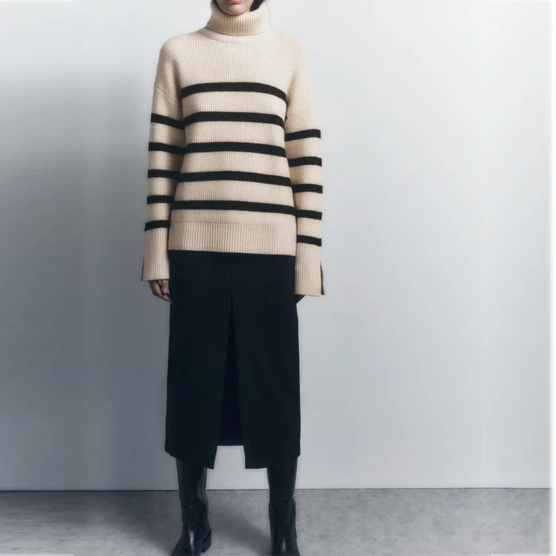 Autumn and Winter New Pullover Turtleneck Striped Sweater Thick Warm Long-sleeved Bottoming Sweater Women