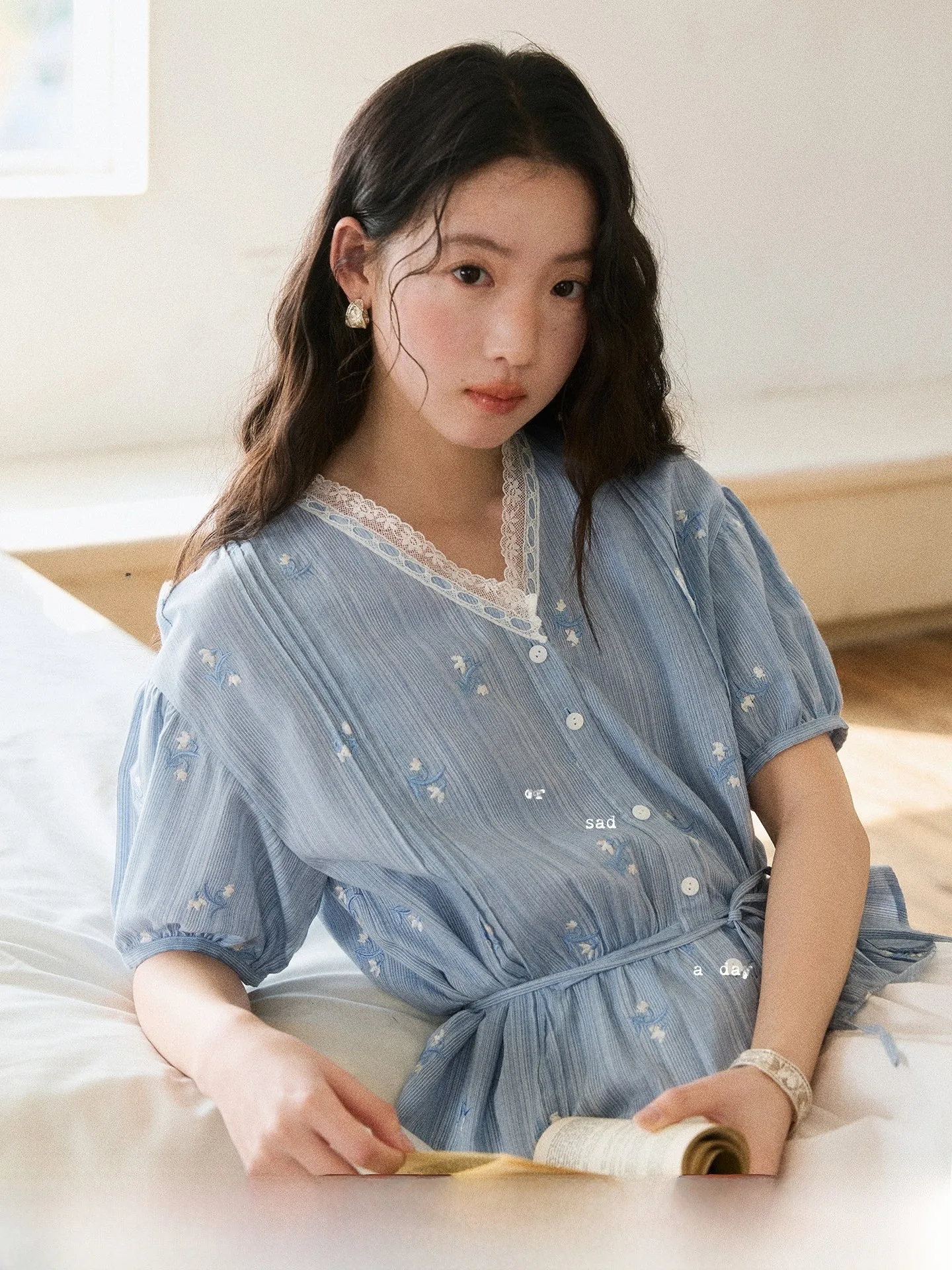 

Blue Floral Embroidery Belted Shirt Women's Loose Fit Cotton French Style Shirt V Neck Short Sleeve Moisture Wicking