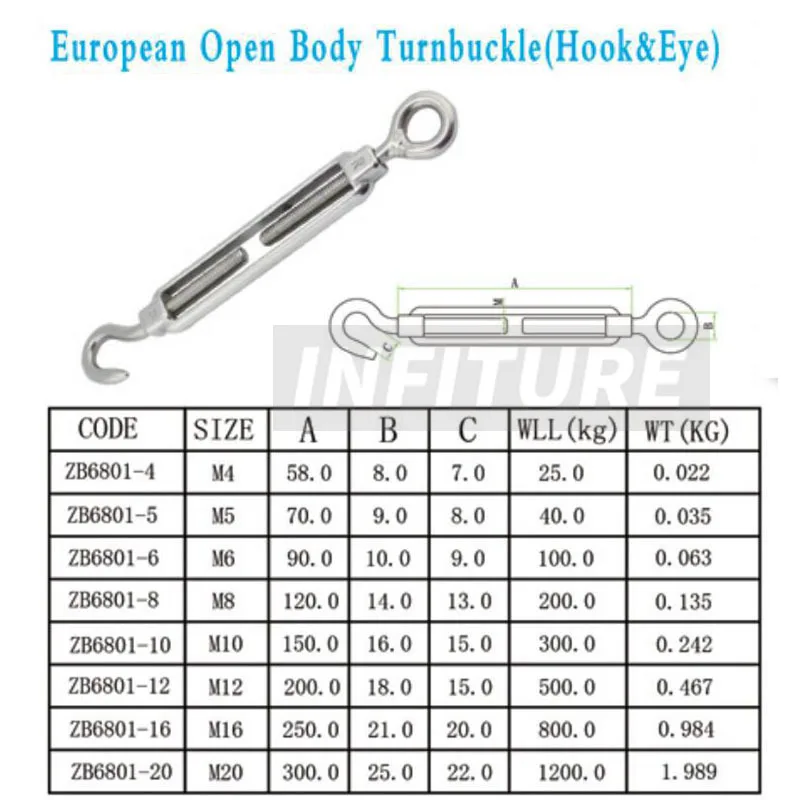 Stainless Steel 304 Adjust Chain Rigging Hooks & Eye Turnbuckle Wire Rope Tension Device Line Oc Type M4 M5 M6 M8 M10 M12 M16