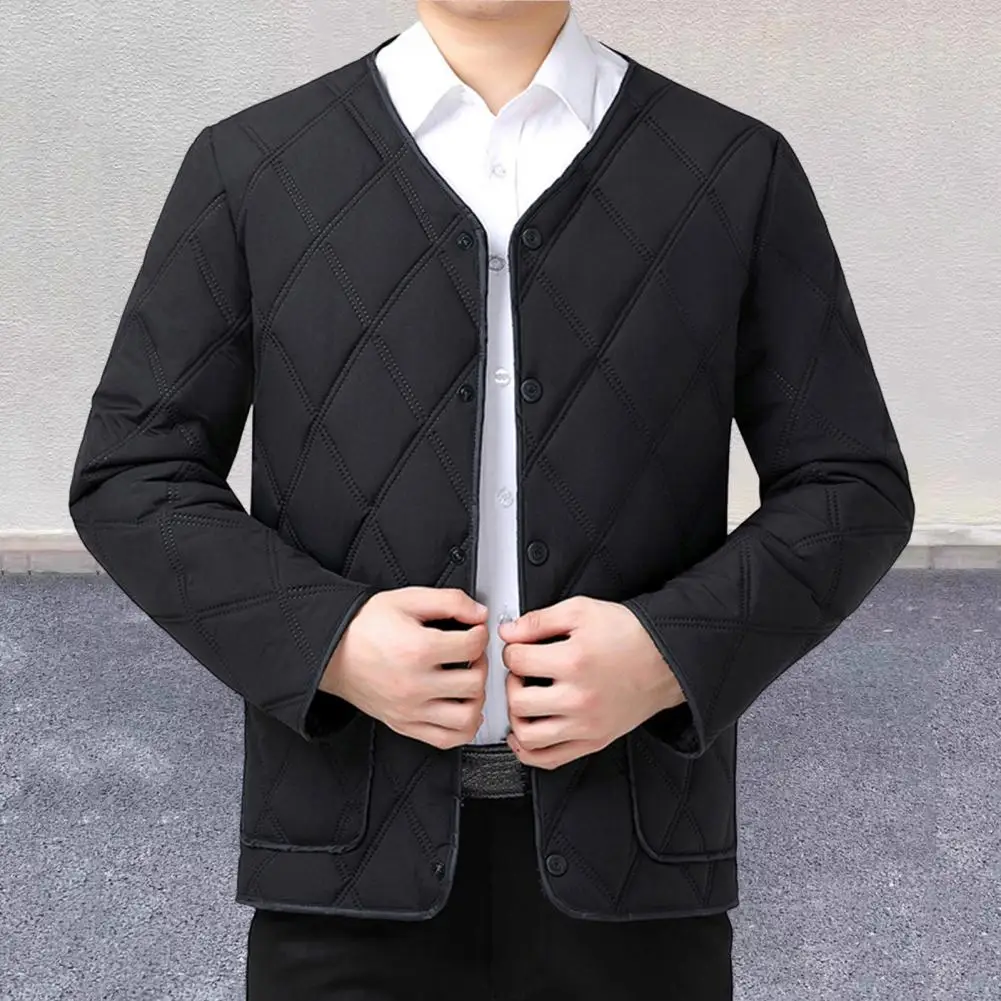 Men Jacket Stylish V-neck Collarless Men's Jacket with Plush Lining Large Pockets Solid Color Coat for Winter Warmth Comfort Men