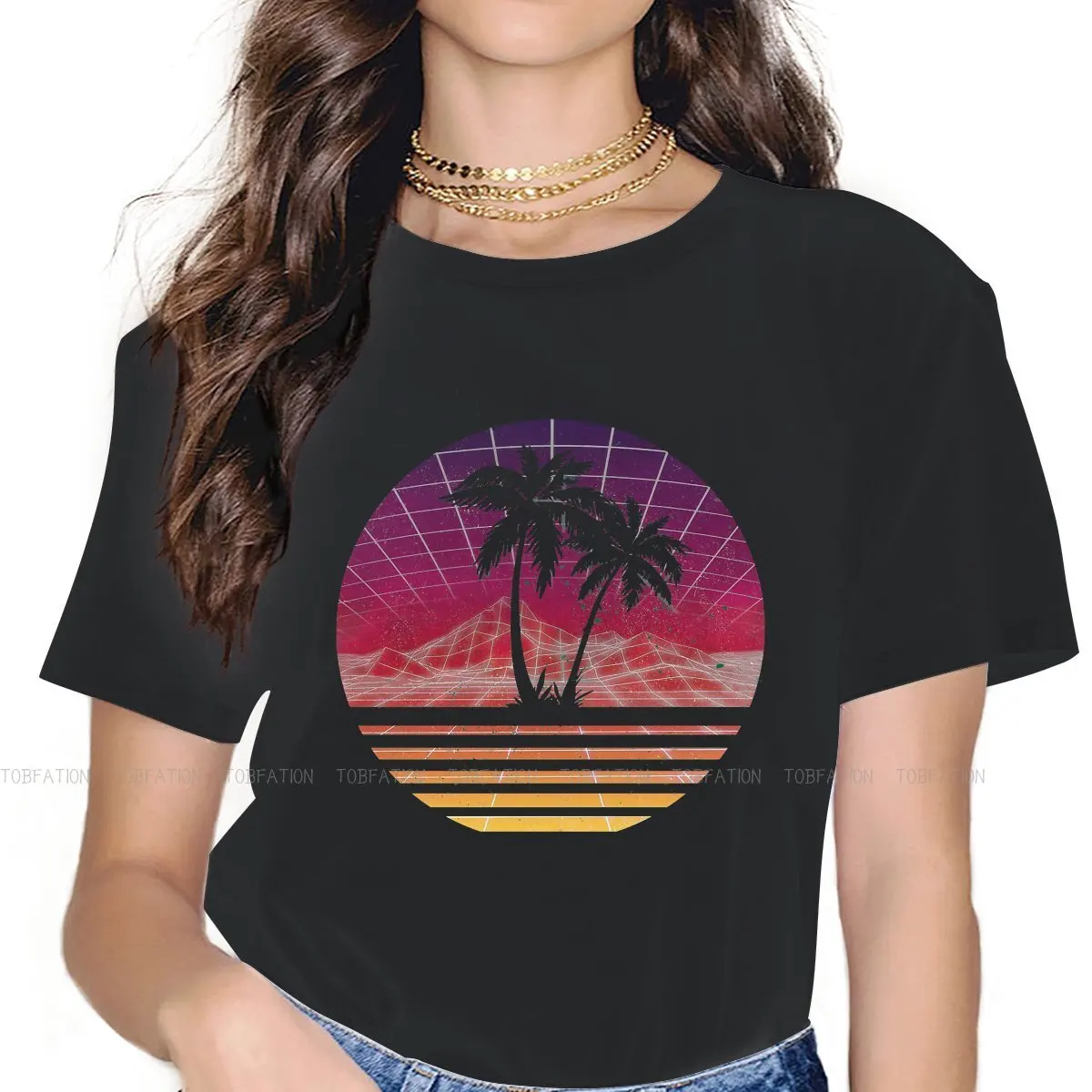 Sun 100% algodão tshirts retro moderno 80s corrida pôr do sol palmeira silhueta original da mulher t camisa 4xl topos