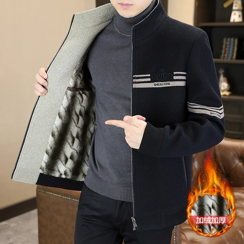 

Высококачественная флисовая теплая шерстяная куртка, мужская зимняя полосатая куртка с воротником-стойкой, универсальное повседневное деловое пальто, социальное офисное пальто