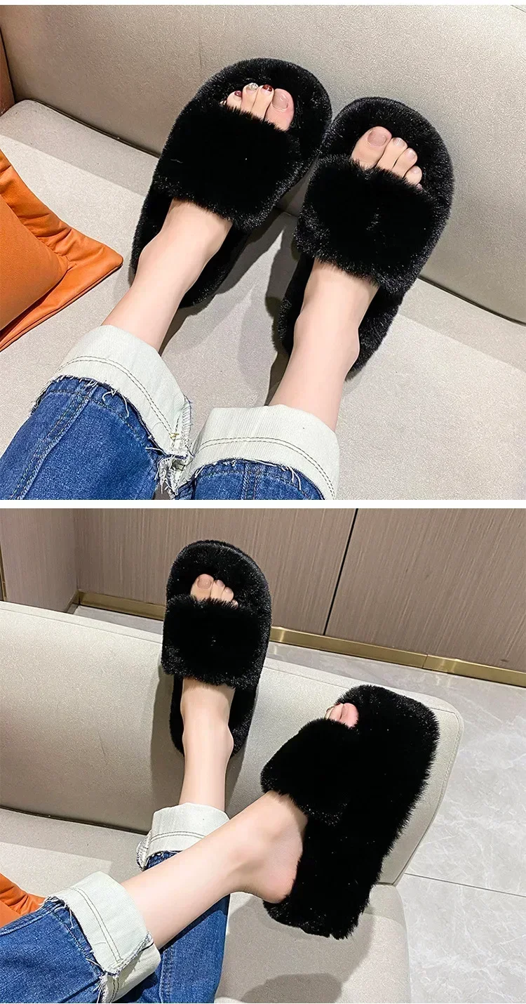 Hausschuhe aus Plüschfell, Flauschige Flip-Flops, Luxuriöse Slip-On-Plateau-Schuhe für Damen, Modeschuhe 2024, Zapato De Mujer Designer – Detail 6