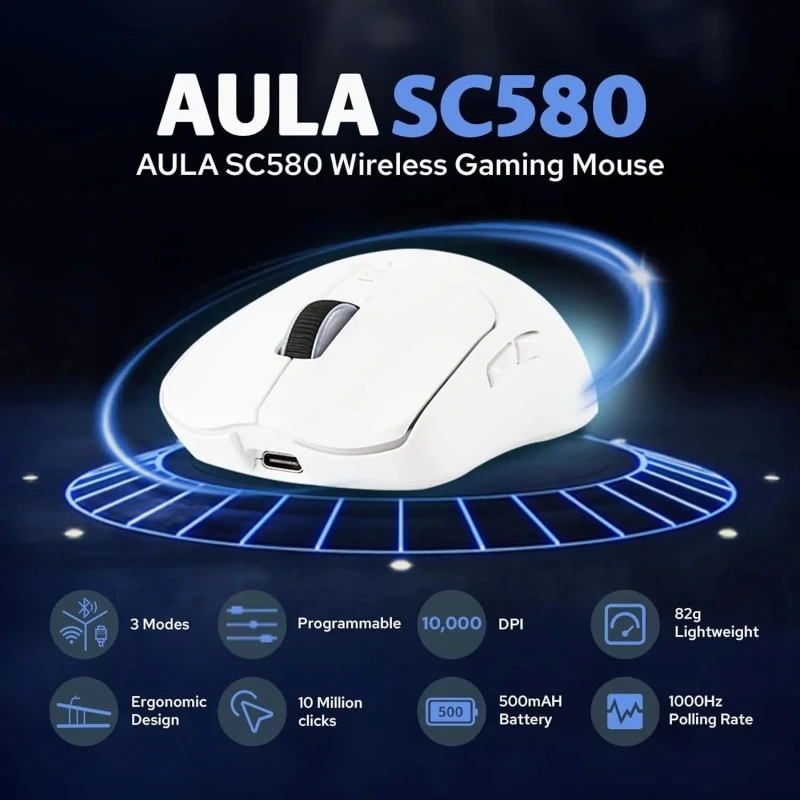 

Игровая мышь AULA SC580 Pro с зарядной базой, регулируемым разрешением 10000 DPI, сенсором PAW3311, беспроводная, Bluetooth, аксессуар для ноутбука
