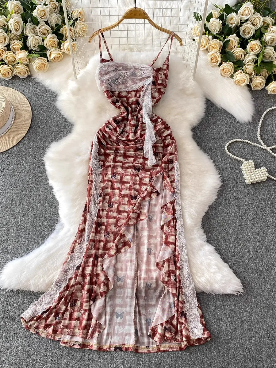 فستان Foamlina الفرنسي الجمالي منقوش عليه رسن من الدانتيل فستان نسائي صيفي بخصر محكم للتخسيس وفتحة كشكش فساتين طويلة