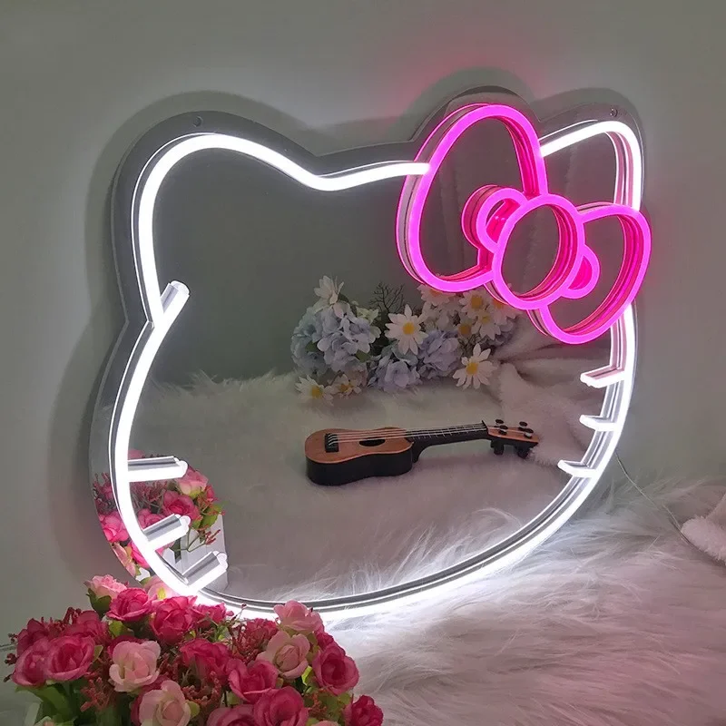 Anime Cartoon KT Cat Mirror Neon Light Home Room Decoration Led Lights Neon Sign Makeup Mirror Kitty Cat Dressing Wall Decor