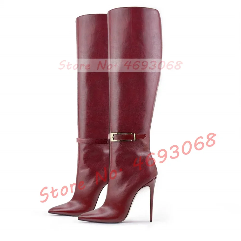 

Knee High Ankle Strap Stiletto Boots Women Gold Buckle New In Pointy Toe High Heels Boots Big Size Fashion Design Leather Shoes