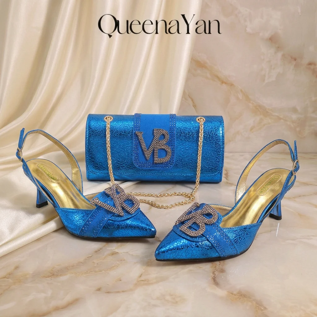 2026 Women Shiny Metallic Blue Slingback Heel Matching Bag Set, Sparkly Rhinestone Letter Embellished Pumps for Wedding Evening