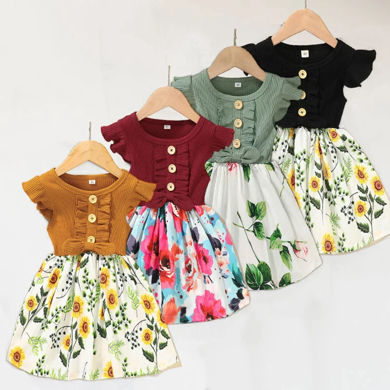 Kids Cute Dress Floral Clothing Summer Frocks Girls Casual Flower Gown Button Embellished Chidlren 1 2 3 4 5 Yrs A Line Vesidos