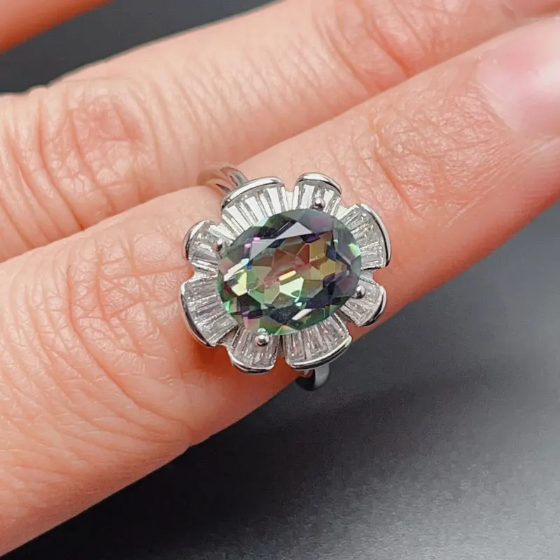 8mm * 10mm Multi-color Lab Created Crystal Ring 925 Silver Gemstone Ring for Daily Wear 3 Layers 18K Gold Plated Keep Shining