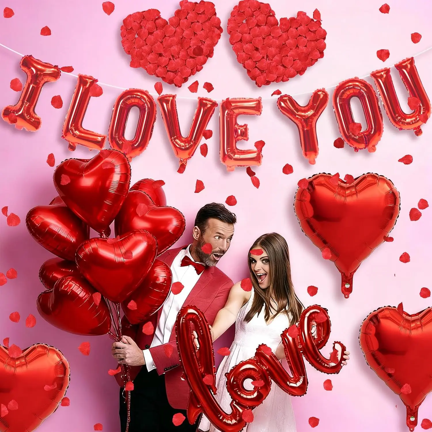 Folienballon „I Love You/Red Heart Love“, 1000 Stück Rosenblätter für Hochzeit, Jahrestag, Valentinstag, romantische besondere Nachtparty – Detail 10