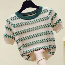 Short T-shirt Women's Striped Thin Knit Top 2024 Summer New Loose Thin Short Sleeved Top