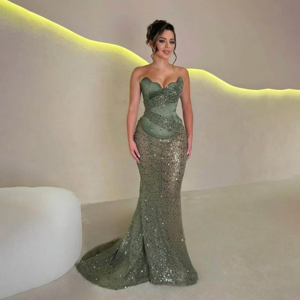 

Customized Exquisite Beading Women Prom Dress Sleeveless Charming Mermaid Party Dress Ruffles Sequins Women Evening Gown