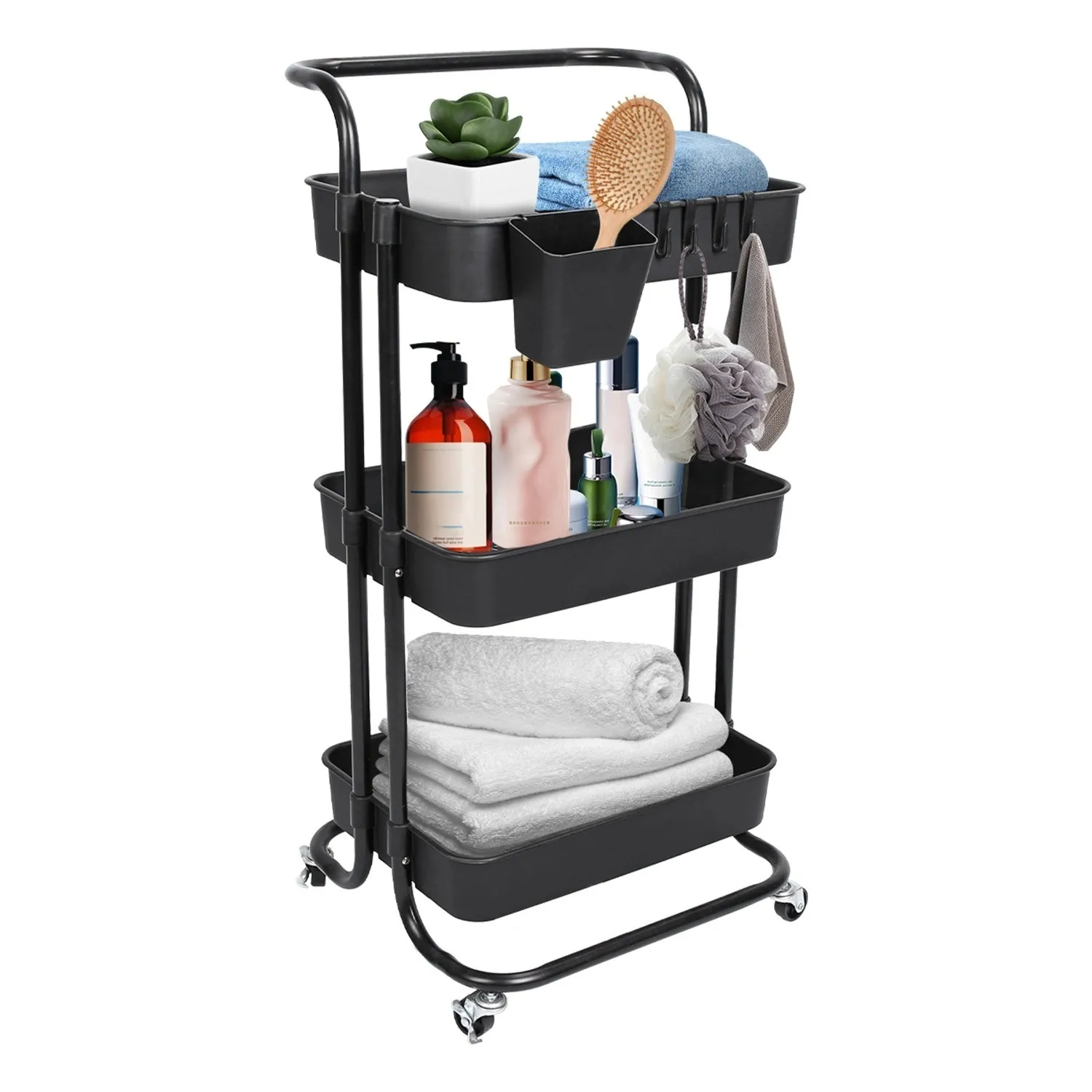 

3 Tier Movable Storage Organizer with Mesh Baskets Lockable Wheels 360 Degree Rotatable Hanging Box Hooks Bedroom Bathroom Kitch