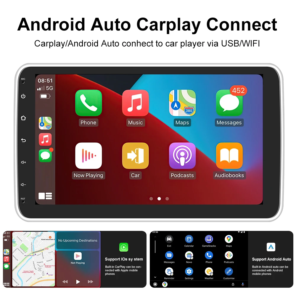 Podofo 10inch Rotate Android Screen Car Radio Android 1Din Apply Carplay Autoradio Multimedia Player BT GPS Navigation AutoRadio