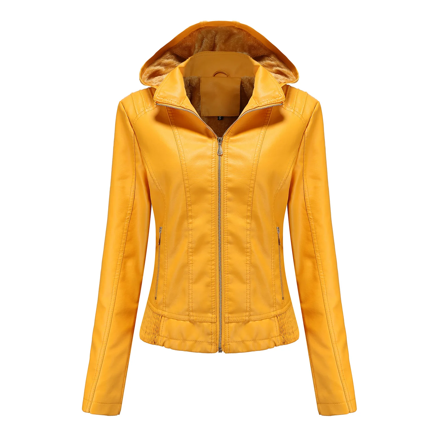 Chaqueta de cuero con capucha para mujer, sombrero desmontable, cremallera, manga larga, felpa, ajuste Delgado, chaqueta de moto, Invierno