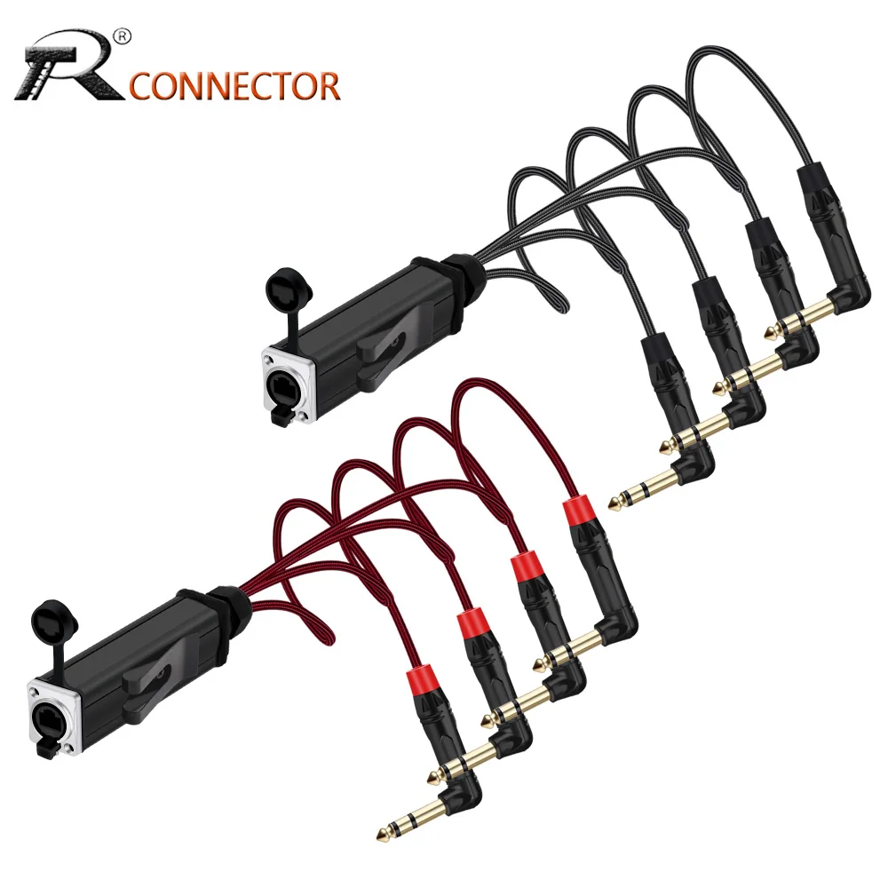 

Audio 4 Channel 6.35mm Right Angle 1/4 Inch TRS Stereo Male Plug Cable to RJ45 CAT5 Female Network Signal Extender Splitter