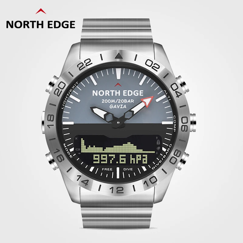 

North Edge Mens Digital Watch Diving Watch Waterproof 200M Military Army Luxury Full Steel Business Altimeter Barometer Compass