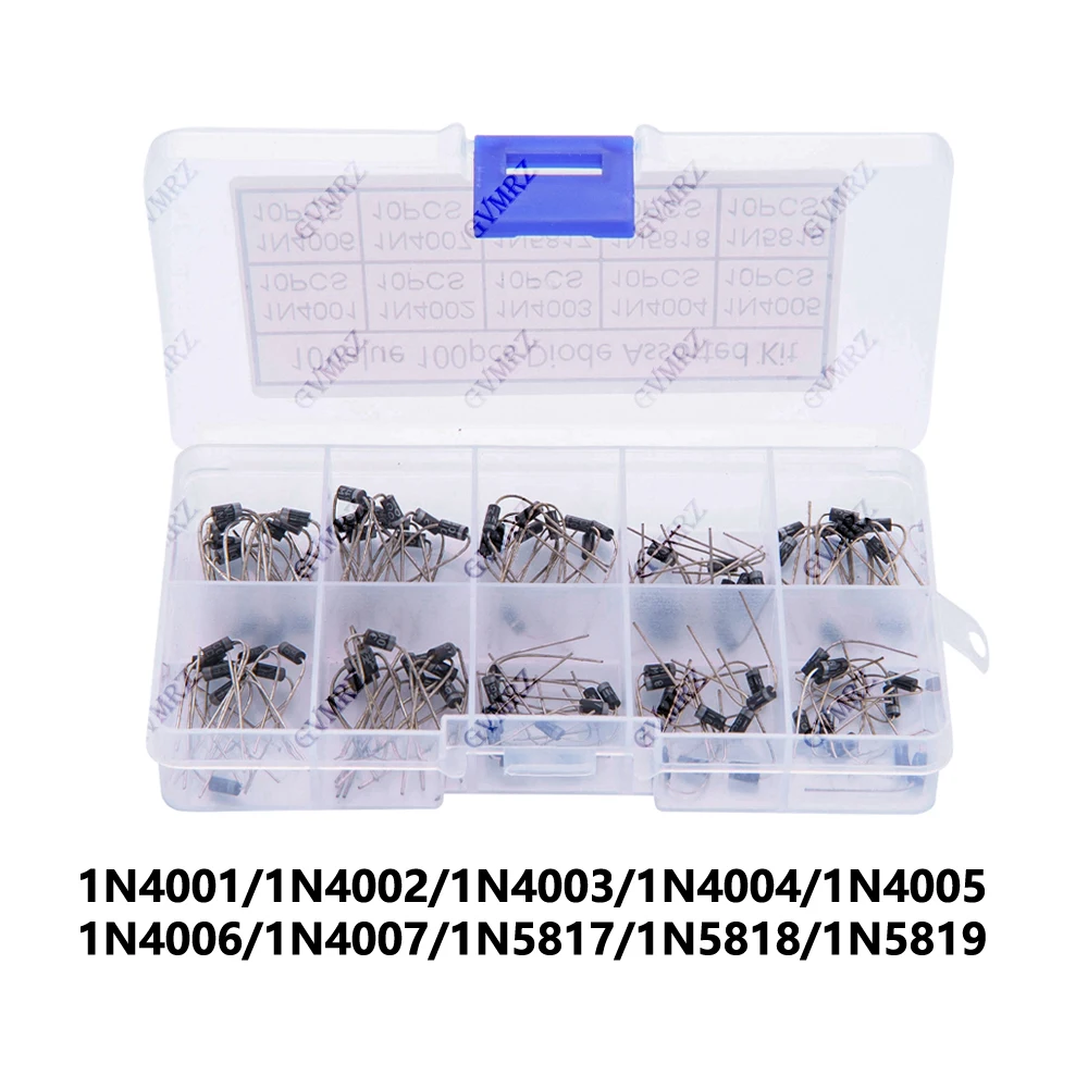 100Pcs 10 Values Rectifier Diode Assorted Kit 1N4001 1N4002 1N4003 1N5817 1N5818 1N5819 with Box 1N4004 1N4005 1N4006 1N4007