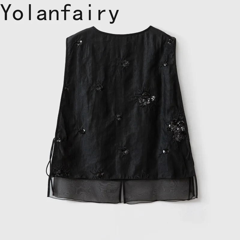 YOLANFAIRY Women 100% Mulberry Silk Waistcoat Gambiered Guangdong Silk Spliced Organza Sequin Embroidery Sleeveless Vest Tops