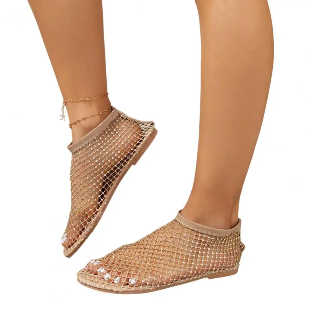Women Summer Breathable Sandals Sparkly Flat Shoes Fishnet Sandals Rhinestone Low Heel Slip on Shoes for Street Beach Party