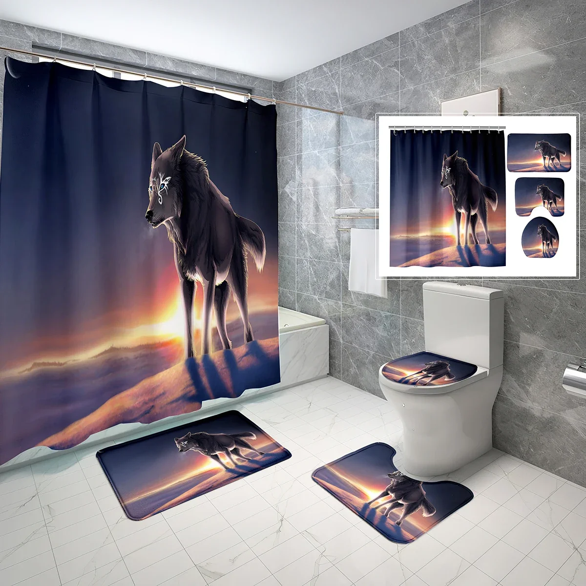 4 PCS Magic Wolf Shower Curtain Set,Art Sakura Howling Wolf Bathroom Waterproof Bath Curtain,Non-Slip Bath Mat Toilet Cover Set