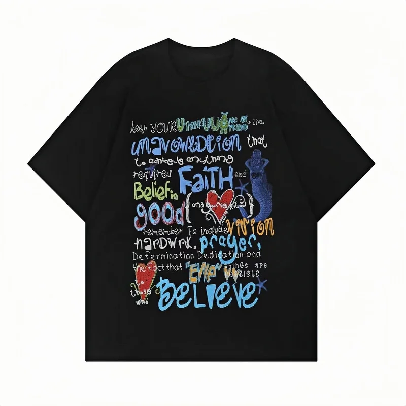 

Fun Pattern Letter Printing Pure Cotton T-shirt Cross-season Wear Loose Casual Versatile Men's and Women's Couples Tops