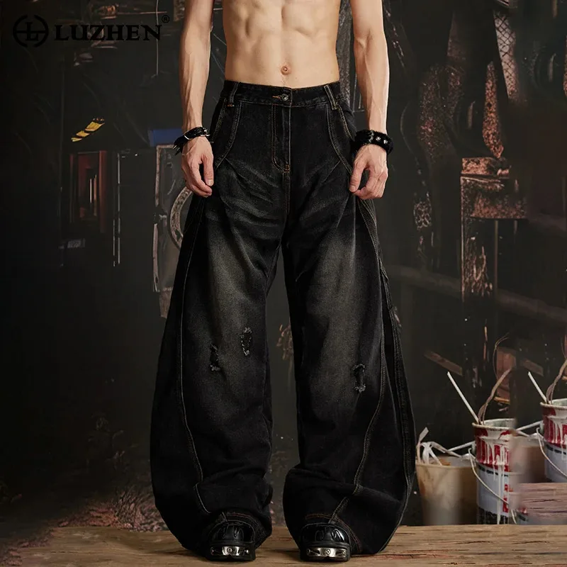 LUZHEN Pattern Pockets 2026 Patched New Embroidery Broken Hole Straight Jeans Men's Fashion Original Wide Leg Denim Pants JY8647