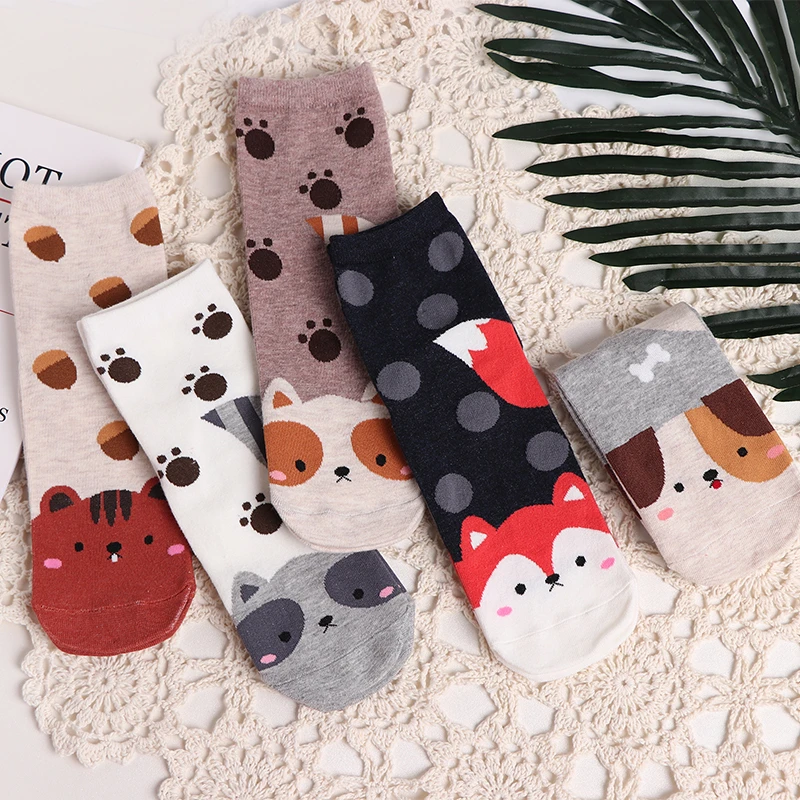 Spring Autumn Women Cute Crew Socks Kawaii Cartoon Animal Fox Dog Squirrel Raccoon Paw Print Funny Female Casual Mid Tube Socks