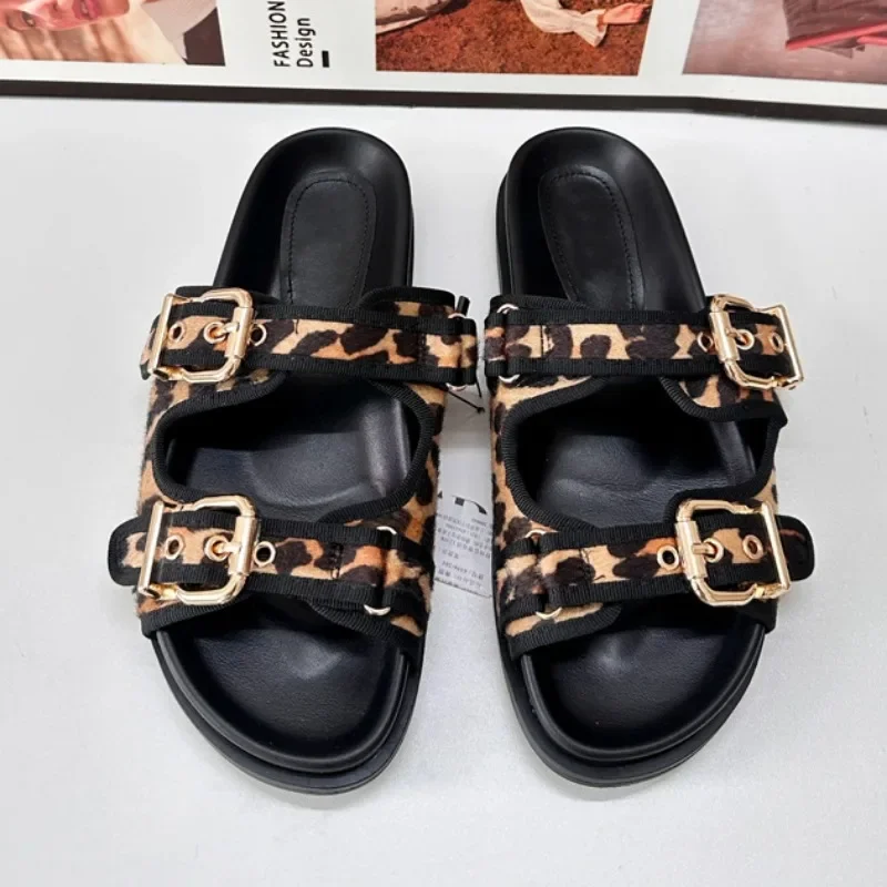 Leopard Print Platform Women\'s Slippers Outdoor Casual Flat Heel Beach Shoes Chic Metal Buckle Soft Sole Casual Lady Flip Flops