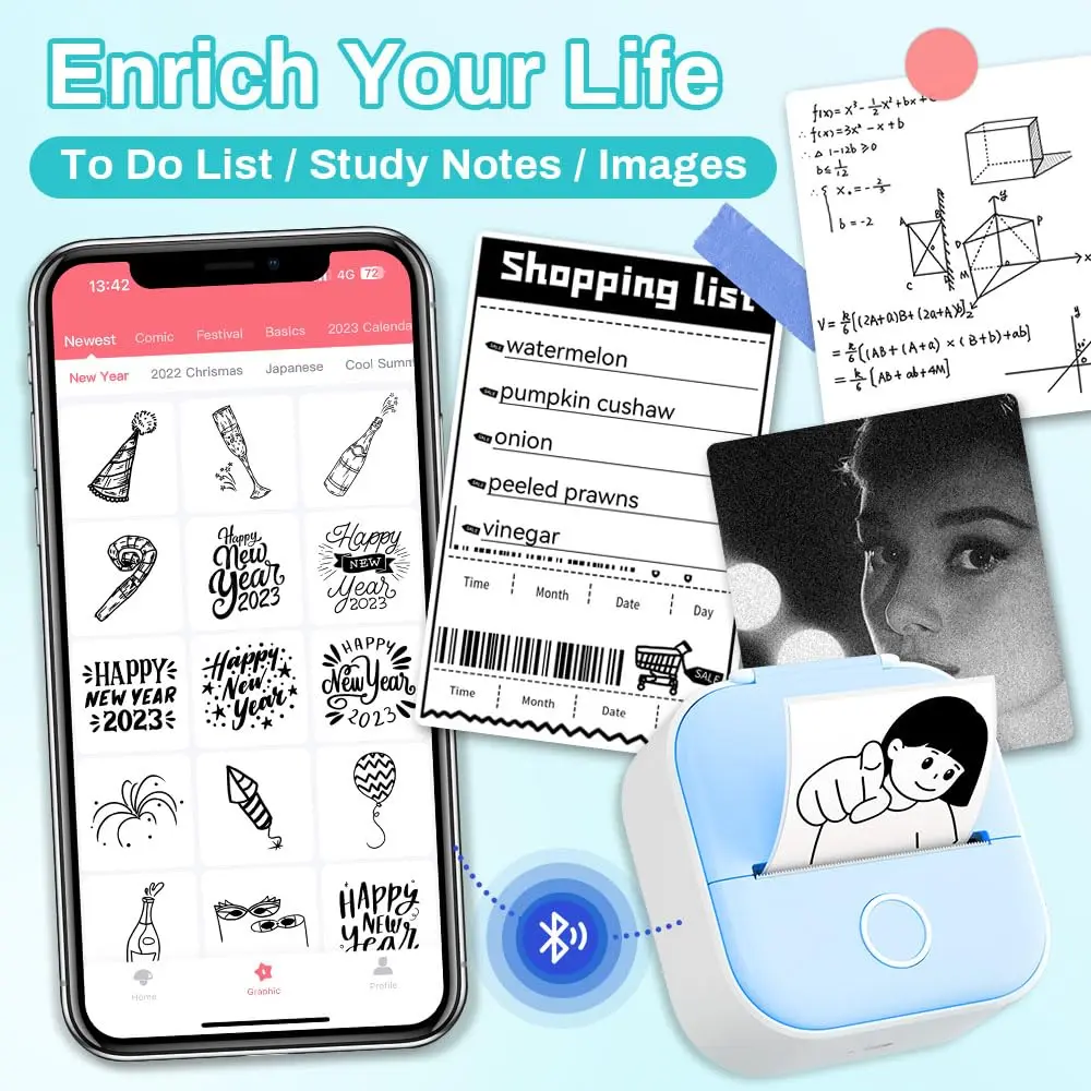 Pocket Mobile Photo Printer T02 Phomemo Portable Mini Sticker Wireless Thermal Printer Inkless for Study Office Home Gift