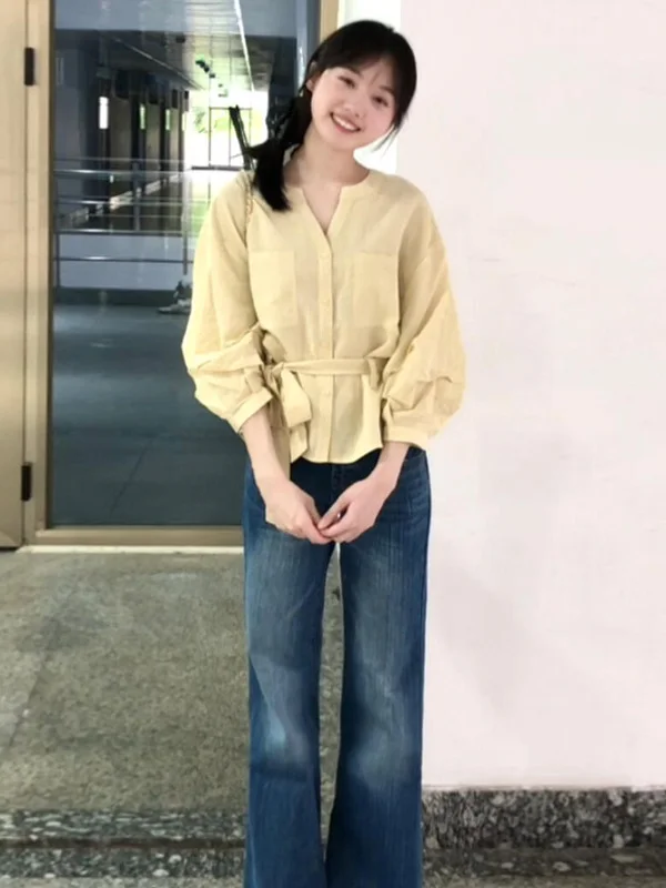 

Модная желтая женская рубашка с V-образным вырезом и длинными рукавами, новый стиль, повседневная свободная рубашка для работы, модный французский стиль, полиэстер