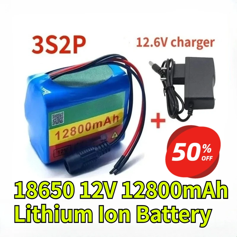 

Литий-ионный аккумулятор 3S2P 18650 12В 12800мАч, 12.6В 12.8Ач, перезаряжаемый, для систем видеонаблюдения, камер и мониторов + зарядное устройство
