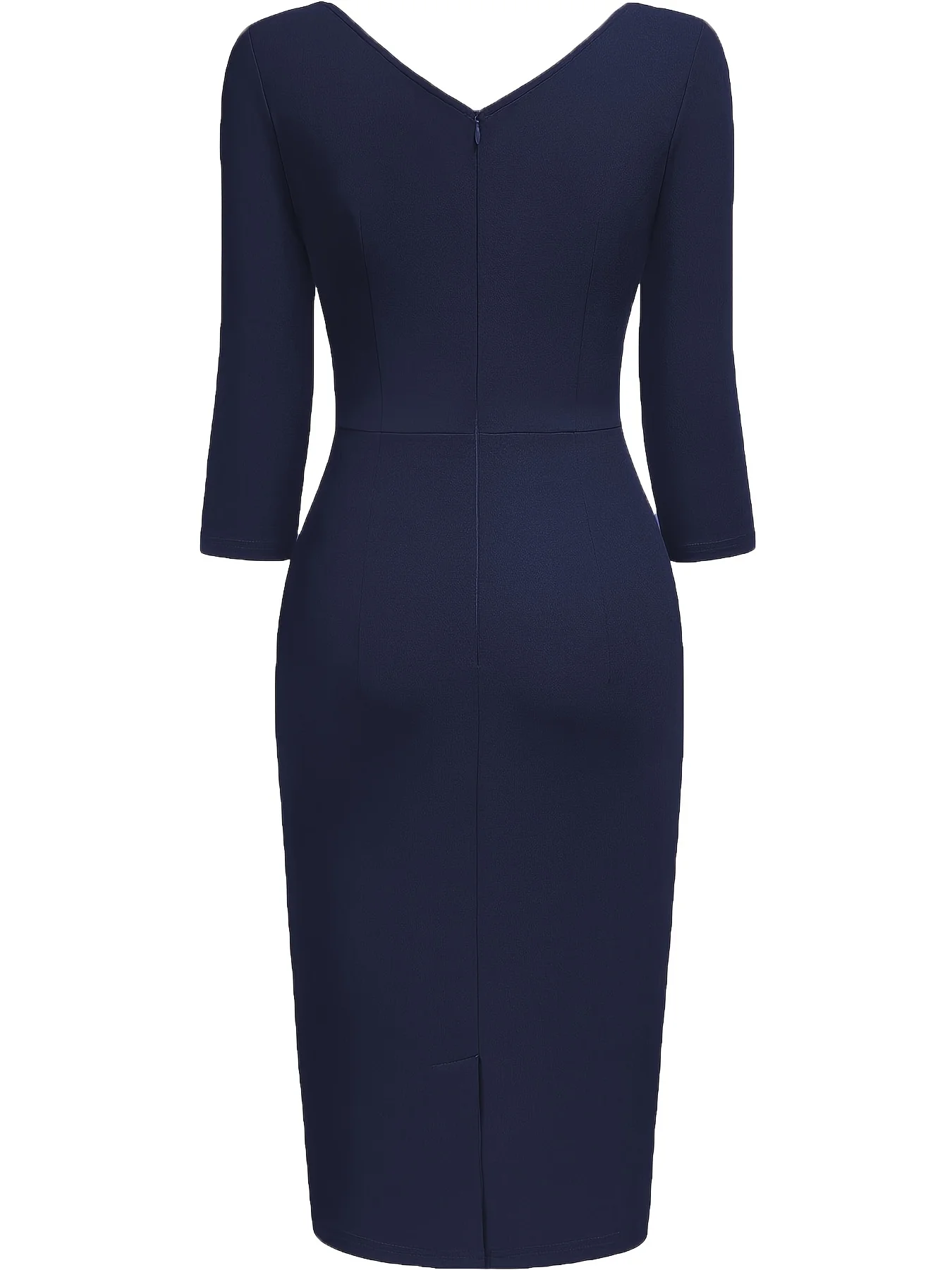 Women Vintage 2/3 Sleeve Deep V-Neck Ruched Slim Knee Length Cocktail Party Wrap Sheath Bodycon Pencil Dress