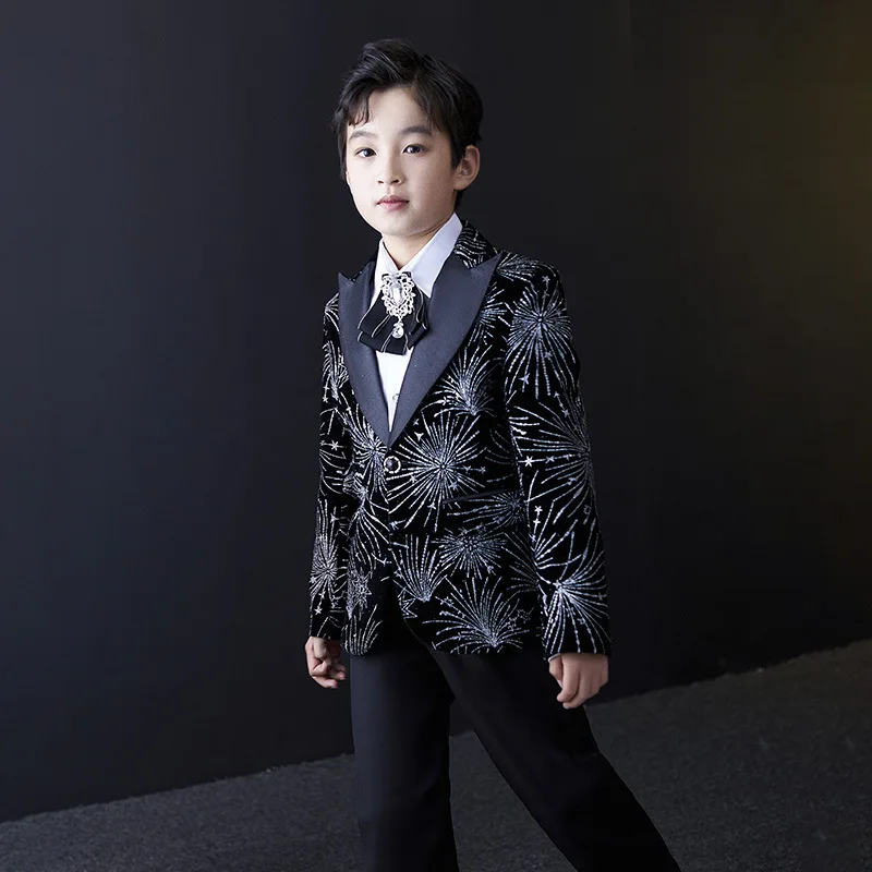 

Child Black Velvet Flower Suit Set Little Host Boy Piano Catwalk Stage Performance Dress Costume Kids Jacket Flower Clothing