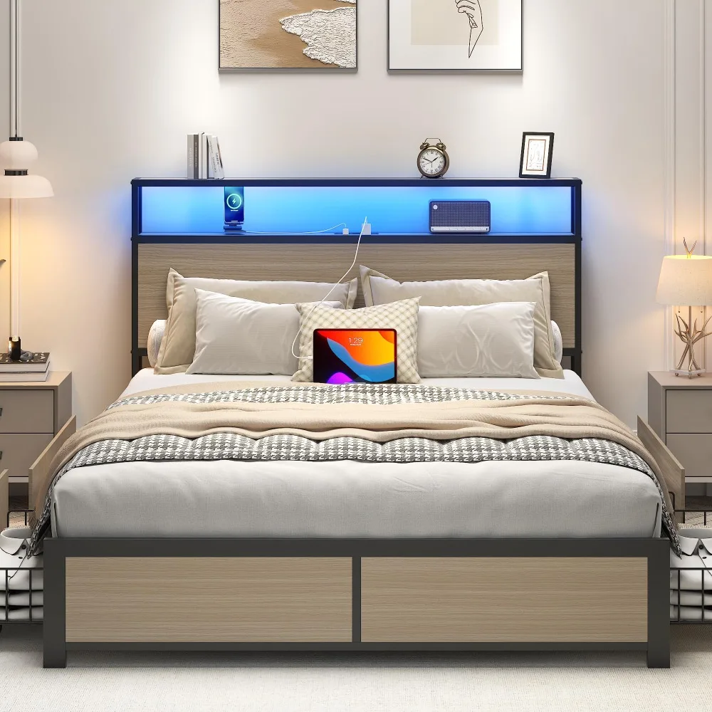 Bed Frame with Storage Headboard, Metal Platform Bed Frame with 4 Storage Drawers, Built in Charging Station & LED