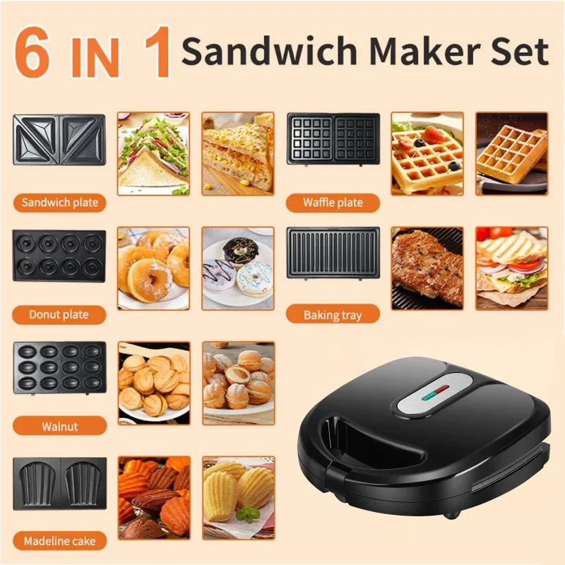 6 in 1Sandwich Waffle Machine Donut Machine Electric Cake Bell Madeleine Biscuit Breakfast Machine