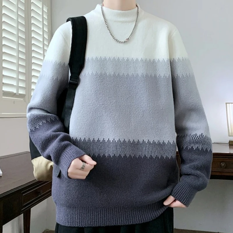 

Men's Knitted Striped Sweater Long Sleeve Patchwork Pullover Sweaters for Men Luxury Clothing O-Neck Pullovers Autumn Pull Homme
