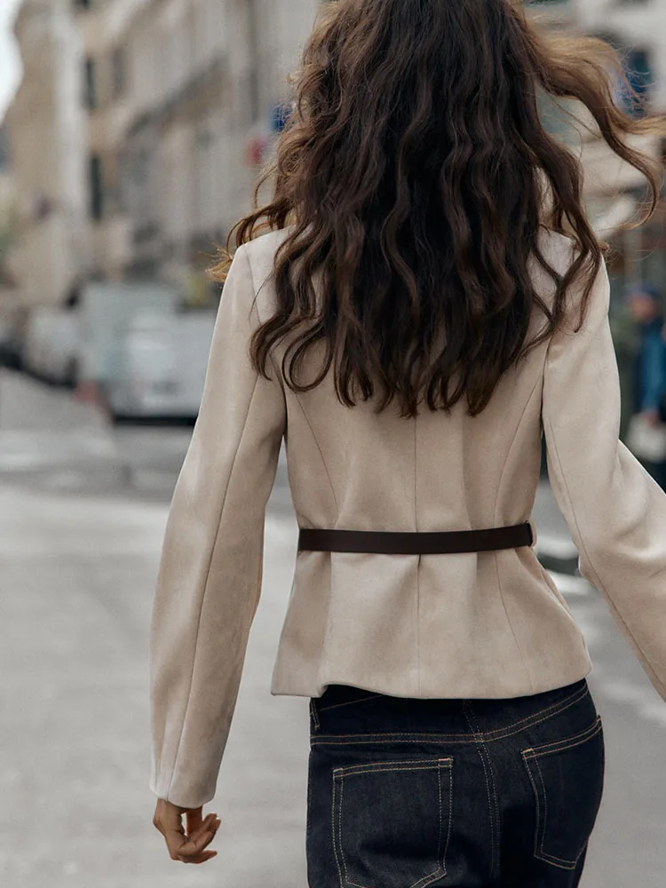 

Faionable Velvet Texture Suit Jaet with Belt Autumn New Arrival Women's ort Outerwear Long Sve round Ne Button Clo...