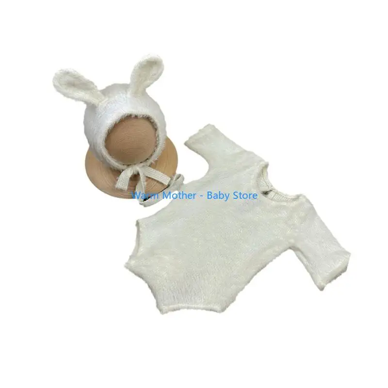 Комбинезон с кроликами, шапка, реквизит для детской фотосессии 0-1 месяца, костюм для фотосессии новорожденных, аксессуары для