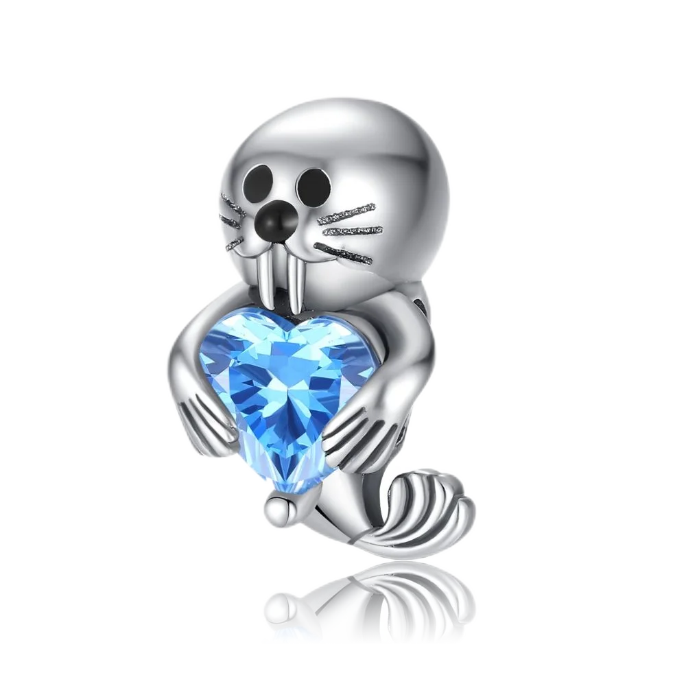 

Cute 925 Sterling Silver Blue Long Toothed Seal Blue Heart Charm Fit Pandora Bracelet Women's Daily Jewelry DIY Accessories