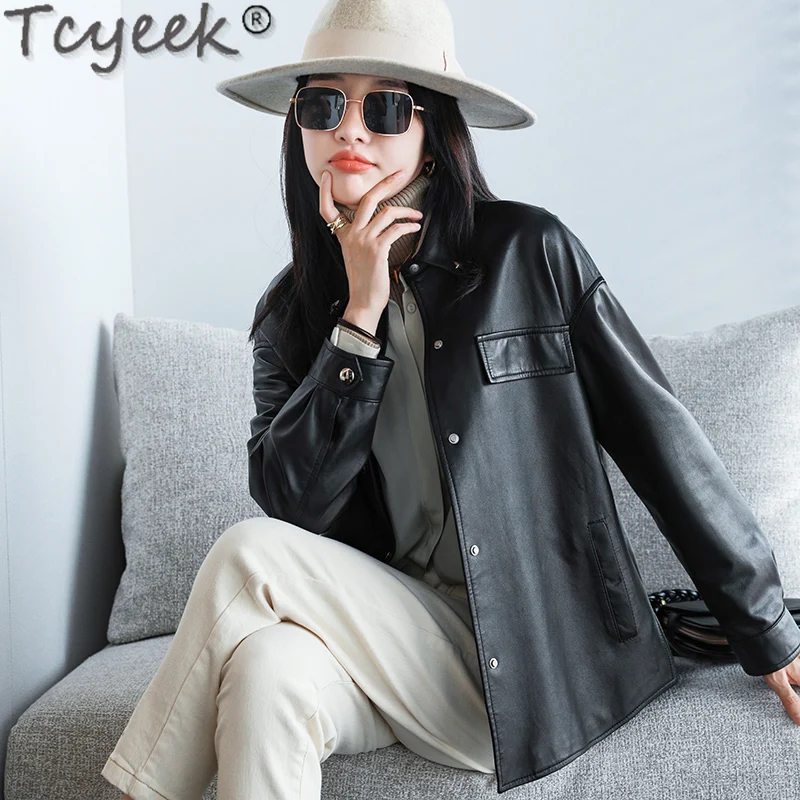 Tcyeek couro genuíno jaqueta feminina moda trench coat primavera outono pele de carneiro roupas femininas blusão jaquetas chaquetas lq520