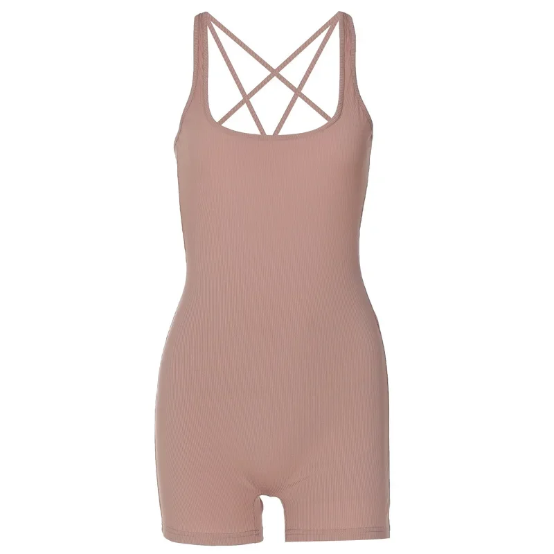 Prowow Skinny Women's Playsuits One-piece Summer Sleeveless Backless Female Romper Fitness Outfits Solid Color Ribbed Clothing