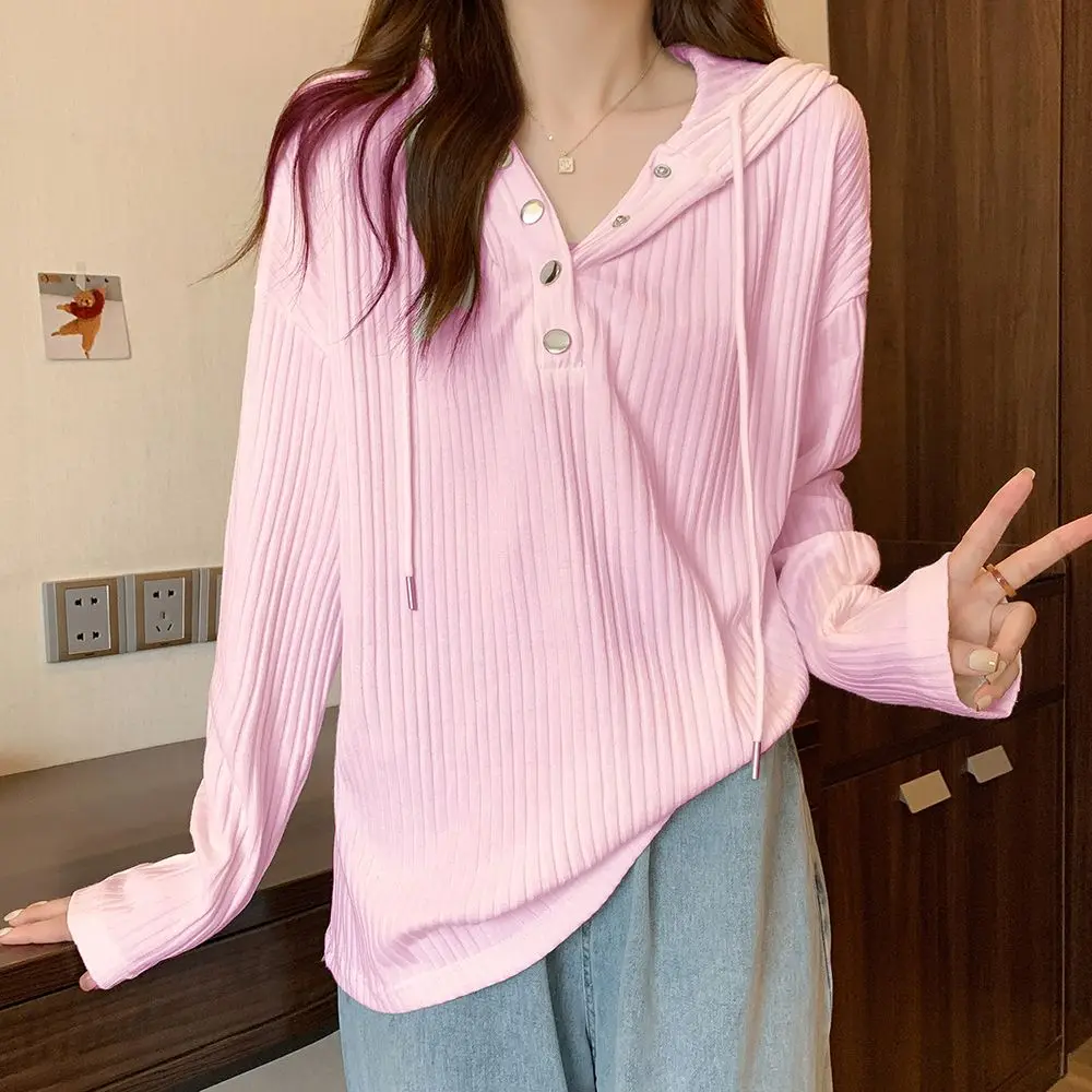 Oversized Long Sleeved Loose Hooded T-shirt for Women Spring Autumn New Casual Commuting Pit Stripe Versatile Trendy Female Top