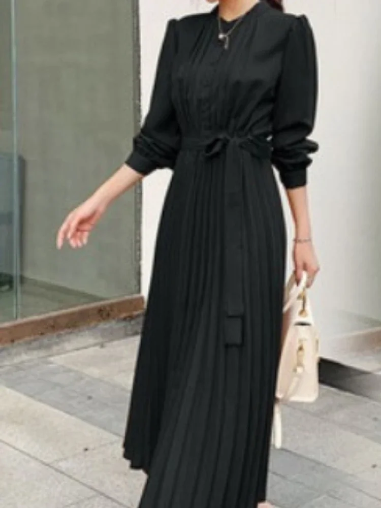 เดรสยาวใหม่สำหรับฤดูร้อน แขนยาว ทรงเข้ารูป ช่วยกระชับเอว ผูกเชือก คอเสื้อเชิ้ต ดีไซน์หรูหรา กระโปรงจีบสไตล์วินเทจ