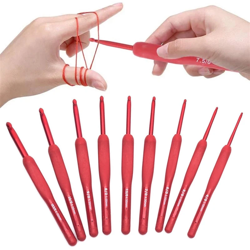 1Pcs Aluminum Tulip Red Crochet Hook Frosted Handle TPR Silicone Crochet Sweater Knitting Hooks DIY Handmade Crafts Sewing Tools