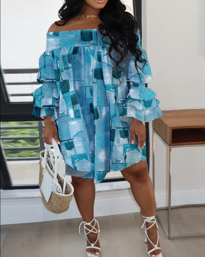 

Women's New Summer Dress One Shoulder Square Gradient Loose Plus Size Denim Style Print Off The Shoulder Casual Dress