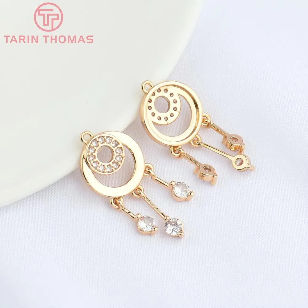 (4822) 6PCS 13.5x30MM 24K Gold Color Brass with Zircon Round Charms Pendants High Quality DIY Jewelry Making Findings Wholesale view 5