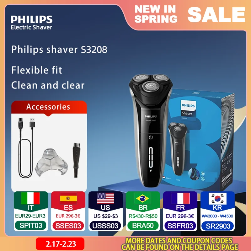 Электробритва Philips S3208 Для Мужчин — Интеллектуальная Бритва С Быстрой Зарядкой, Моющаяся Для Тела