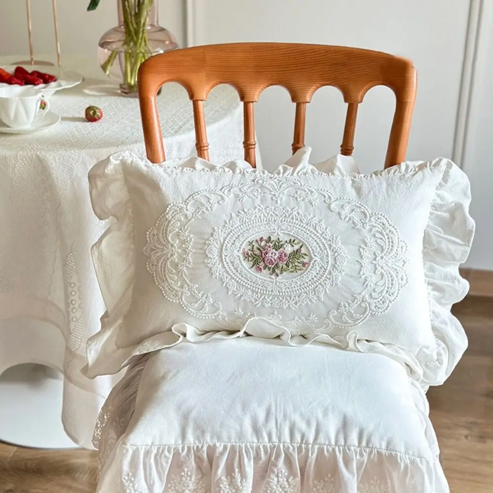 with Lotus Frill French Lace Pillow Cover Washed Material Comfortable White Cotton Pillow Case Soft Pillow Shell